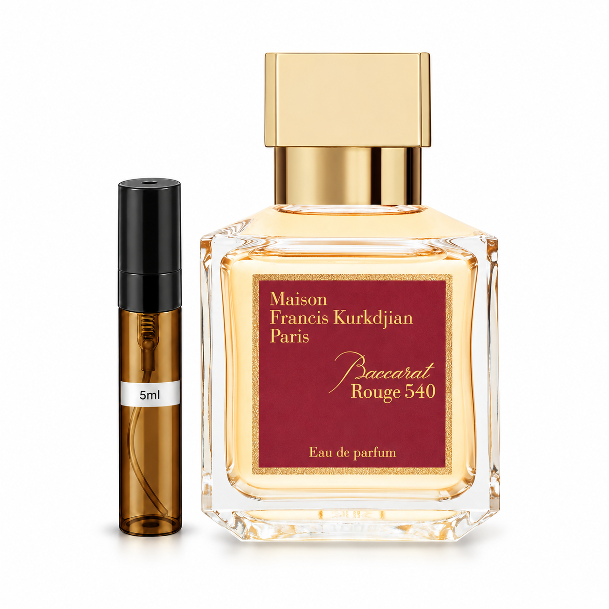 Baccarat Rouge 540 EDP Perfume Decant — original bottle shown beside a decant; full-size bottle not included