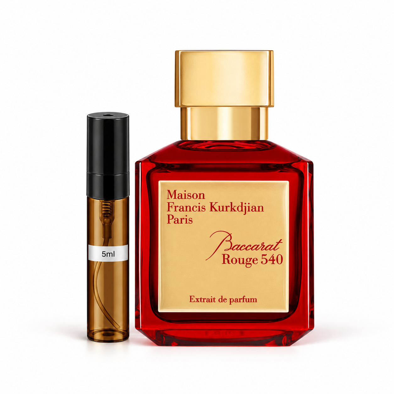 Baccarat Rouge 540 Extrait Perfume Decant — original bottle shown beside a decant; full-size bottle not included