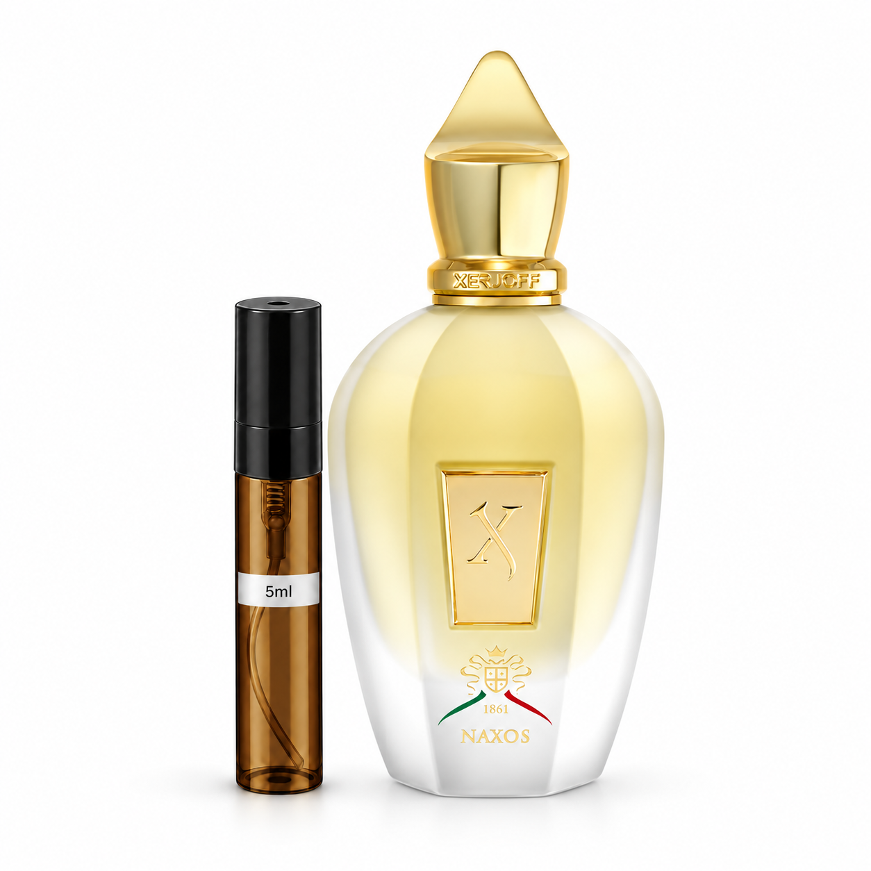 Naxos Perfume Decant — original bottle shown beside a decant; full-size bottle not included