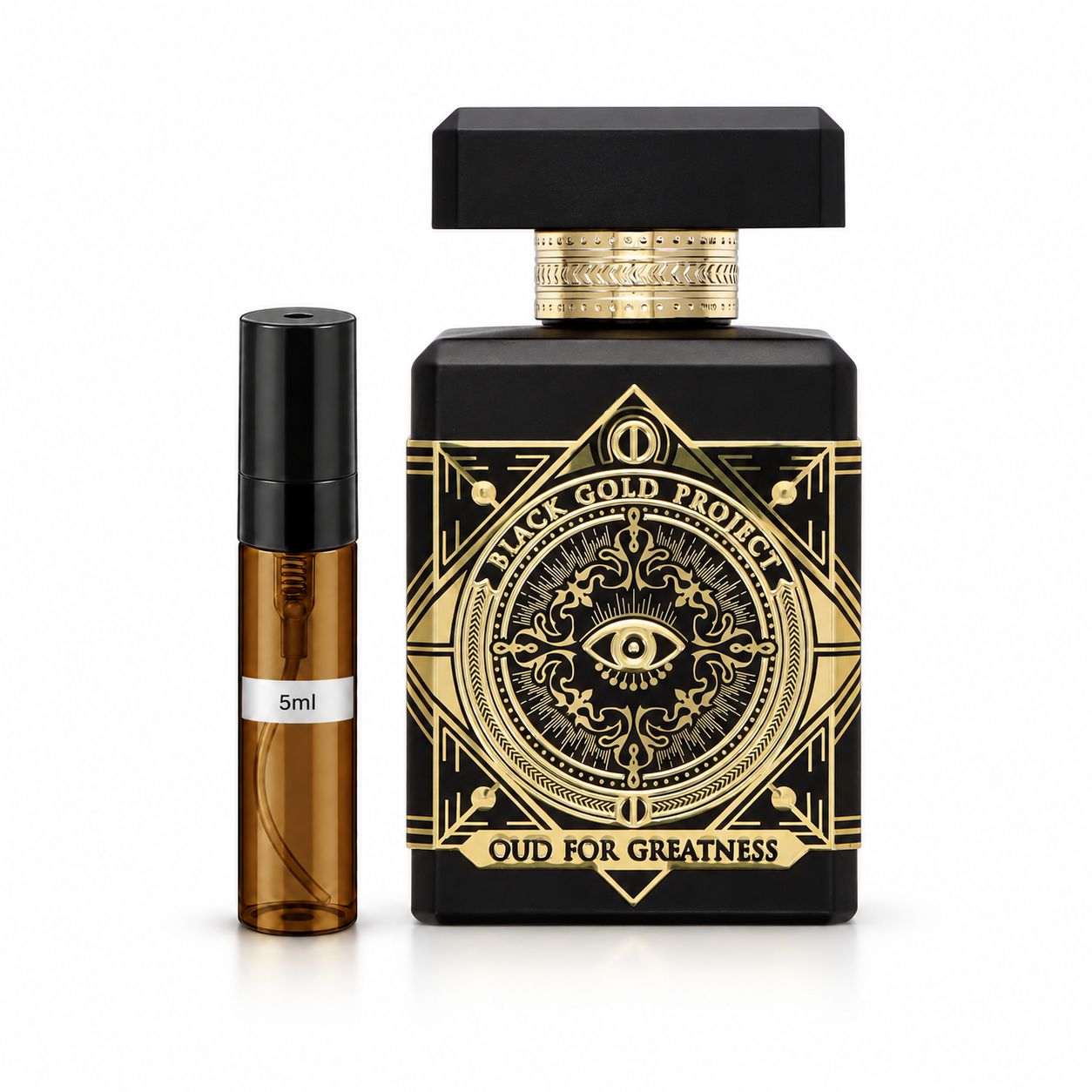Oud for Greatness Perfume Decant — original bottle shown beside a decant; full-size bottle not included