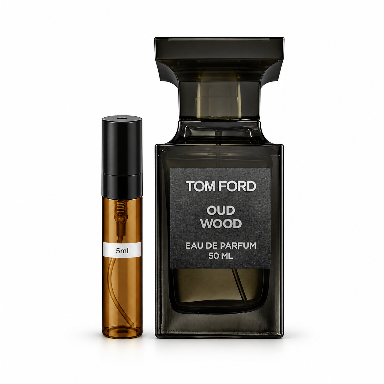 Oud Wood Perfume Decant — original bottle shown beside a decant; full-size bottle not included