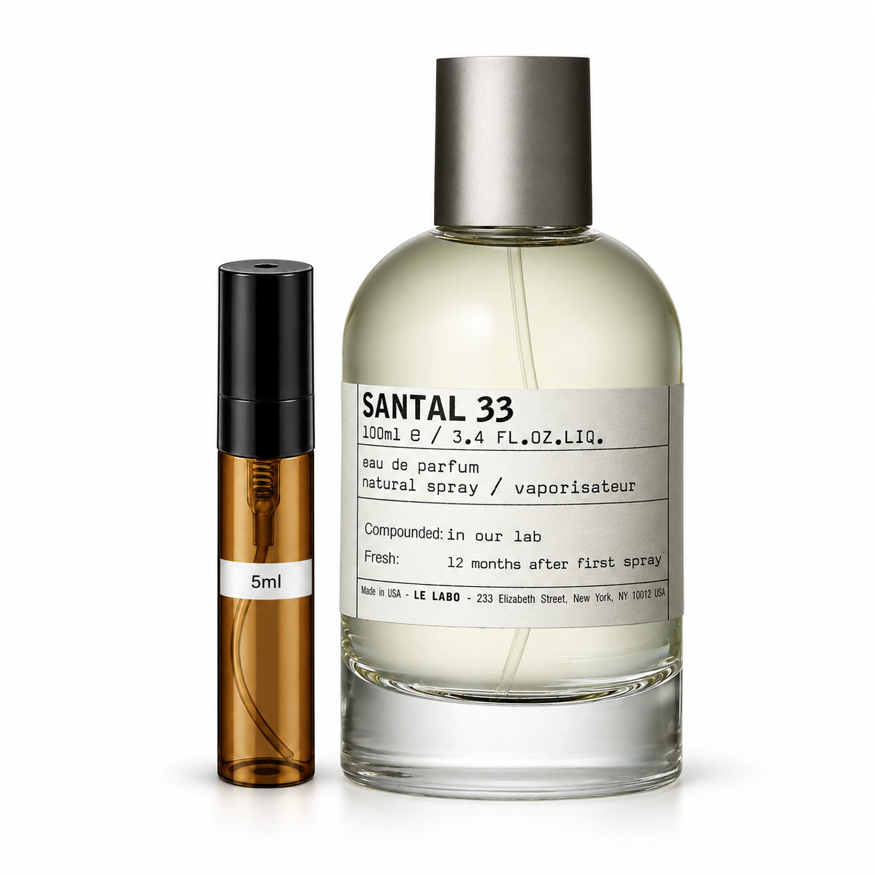 Santal 33 Perfume Decant — original bottle shown beside a decant; full-size bottle not included