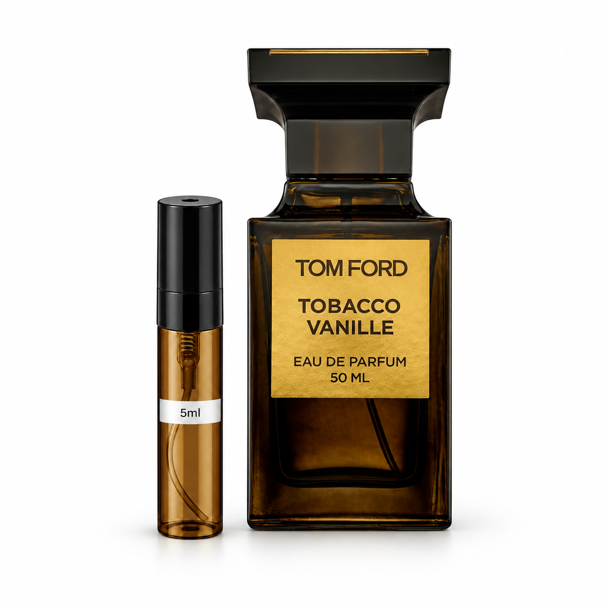 Tobacco Vanille Perfume Decant — original bottle shown beside a decant; full-size bottle not included